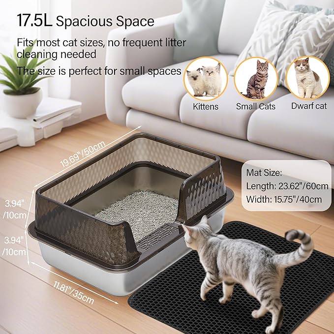 Medium Low Entry Enclosed Stainless Steel Cat Litter Box with lid Scoop and Pads Easy Clean Kitten Kitty Transparent Black Metal Litter Box