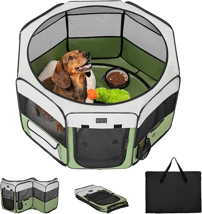 PETSFIT Portable Dog Playpen,36" Dog Play Pen Indoors with Removable Waterproof Mat & Zippered Roof | RV, Camping, Travel Dog Pen | Whelping & Cat Observation Space(36" L x 36" W x 21" H)