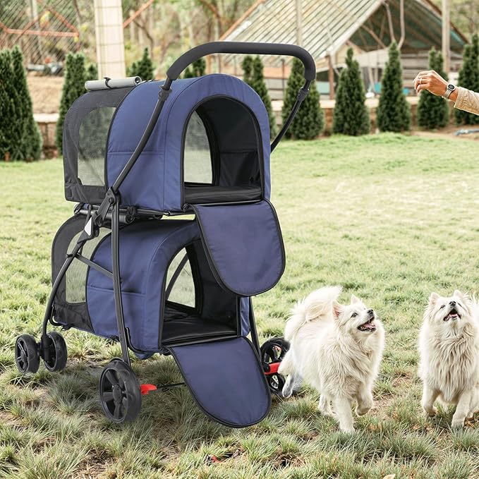 MoNiBloom Double Dog Stroller with Detachable Carrier Bags Large 4 Wheels Foldable Jogger for Small and Medium Dog Cats, Navy Blue/Gray