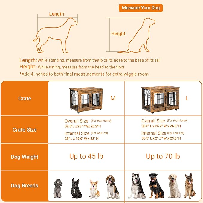 Lulive Dog Crate Furniture, Dog Kennel Indoor Double Doors Wooden Dog Cage, 32'' Heavy Duty Dog Crate with Cushion & Wheels, Decorative End Table Pet House Chew-Resistant for Medium/Small, Brown
