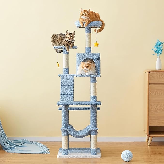 MWPO Ocean-Themed Cat Tree for Indoor Cats, 63.8 Inches Multi-Level Tower with Sisal-Covered Scratching Posts, Padded Platform, Hammock, Dangling Toys, Stable Condo Pet Play House, Blue