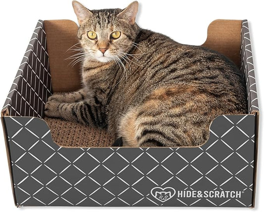 HIDE & SCRATCH Cardboard Cat Scratcher; Cat Scratcher Box and Bed with Refillable Double-Sided Cardboard Scratch Pad for Indoor Cats