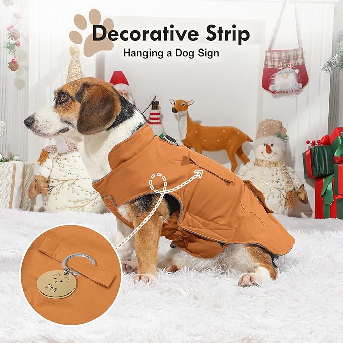 Workwear Style Dog Coats with Harness Built in for Small Dogs Windproof Warm Puppy Jacket with Storage Pockets for Cold Winter,BrightBeige XXL