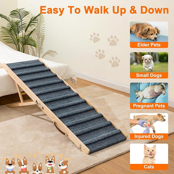 Clikuutory 2025 Upgraded Dog Ramp for Couch, 55.1" Foldable Small Dog Ramp for Bed, 5 Adjustable Height from 15" to 30", Portable Stable Pet Steps with Anti-Slip Carpet for Low Bed Couch Stairs, Wood