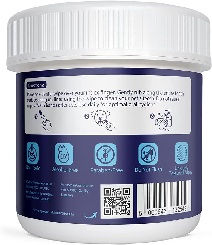 NOVEHA 50PCs Pets Dental Finger Wipes for Dogs & Cats | Freshens Breath, Reduces Plaque | Healthier Gums | Clean Teeth No Toothbrush | Vet Recommended Effective Natural Oral Care | Mint Flavor