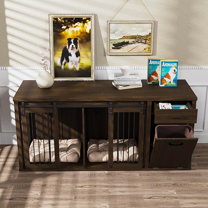Large Dog Crate Furniture Large Breed,71 Inch Wooden Dog Crate with Tilt Out Trash Cabinet,Drawers,Divider and Sliding Barn Door, Double Doors Dogs Crate for 2 Dogs (Brown)