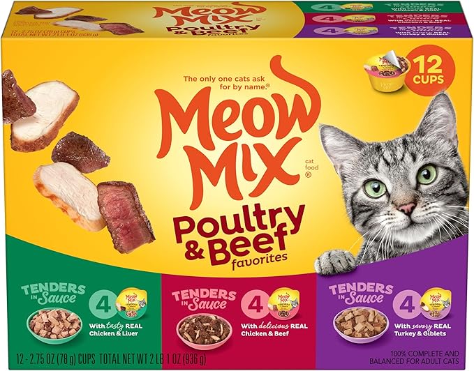 Meow Mix Tenders in Sauce Wet Cat Food, Poultry & Beef Variety Pack, 2.75 Ounce Cup (Pack of 48)