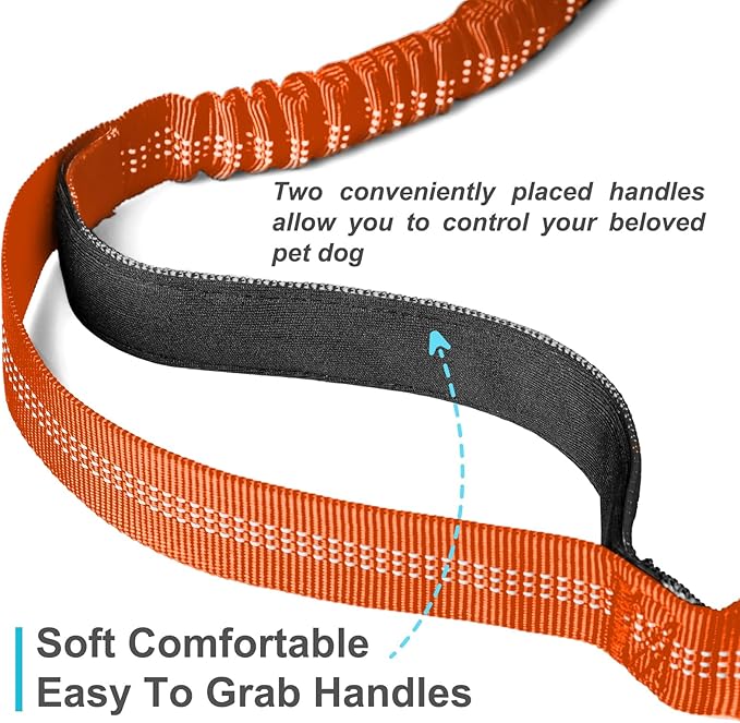 Hands Free Dog Leash, Adjustable Waist Leash for Dog Walking, Dual Bungee 4.2-6.7 Feet Long with Reflective Stitches for Walking Hiking Running, Fits 26"- 43" Inch Waist, Orange