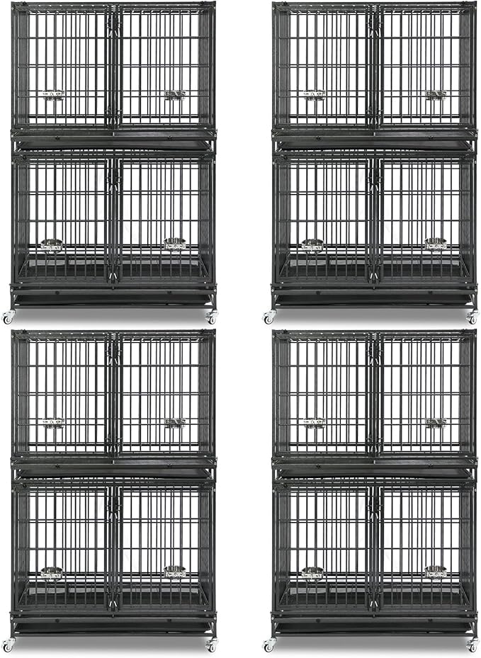 Homey Pet 43 Inch 2 Tiers Dog Crate Cage Kennel with Divider, Stackable Heavy Duty Dog Crate for Large Dogs, Escape Proof Indestructible Dog Kennel Indoor with Removable Tray, Lockable Wheels(4 Packs)