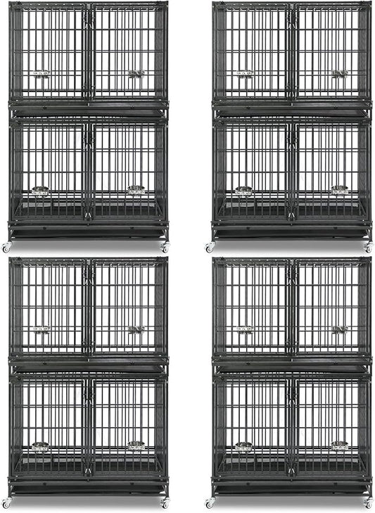 Homey Pet 43 Inch 2 Tiers Dog Crate Cage Kennel with Divider, Stackable Heavy Duty Dog Crate for Large Dogs, Escape Proof Indestructible Dog Kennel Indoor with Removable Tray, Lockable Wheels(4 Packs)
