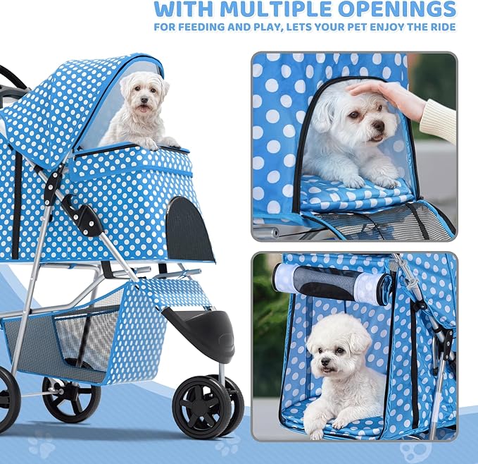 Magshion 3-Wheel Pet Stroller, Foldable Travel Jogger for Small & Medium Dogs & Cats (Up to 33lbs), Lightweight Carrier with Breathable Mesh Cover, Cup Holder & Storage Basket, Sky Blue Polka Dots