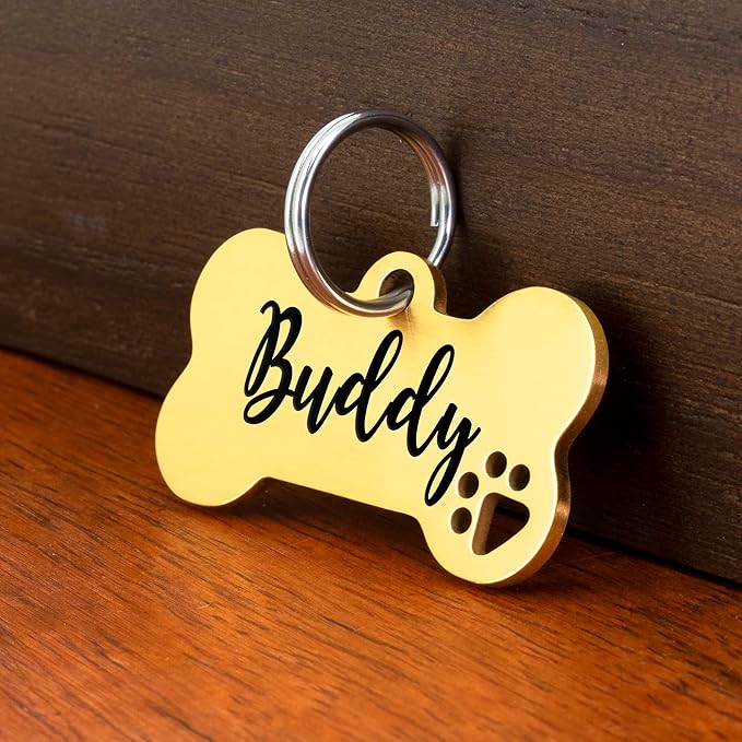 Ultra Joys Dog Tags Personalized for Pets - Hollow Paw Custom Pet ID Tag - Engraved Dog Tag for Small, Large Dogs - Small Bone in Gold