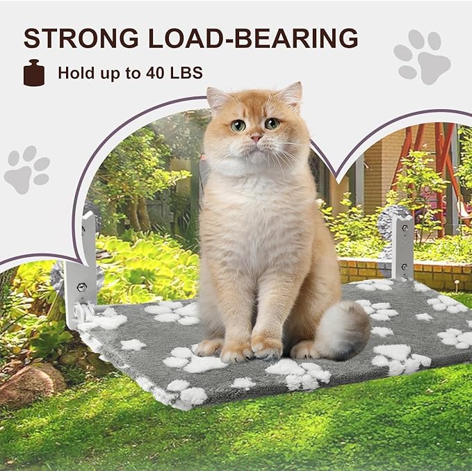 Cat Window Perch, Foldable Cat Window Hammock with Cute 3D Textured Paw Cover and Strong Suction Cups, Cordless Window Seat Bed for Indoor Cats (Grey, Large)