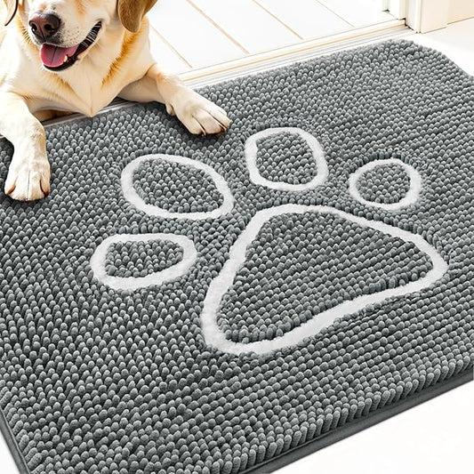 OLANLY Dog Door Mat for Muddy Paws 30x20, Paw Print Design, Absorbs Moisture and Dirt, Absorbent Non-Slip Washable Doormat, Quick Dry Chenille Mud Mat, Entry Indoor Entryway Carpet, Grey and White