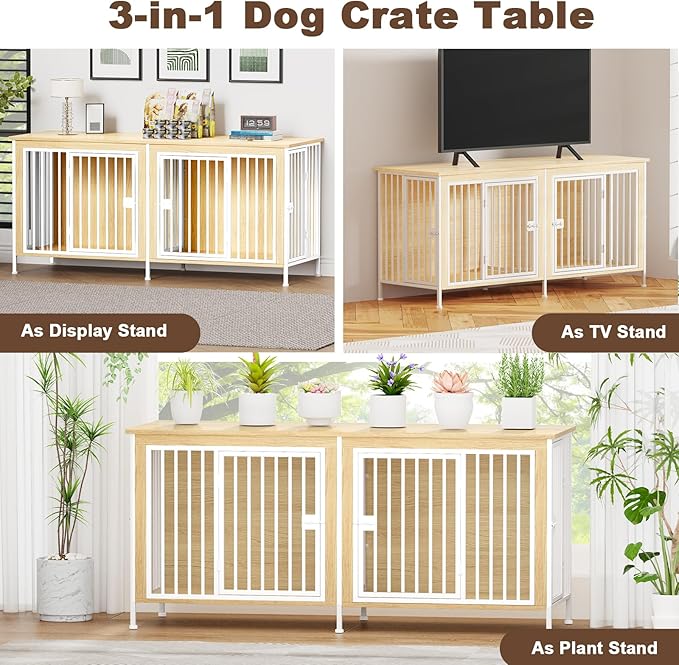 EasyCom Dog Crate Furniture for 1 or 2 Dogs, Heavy Duty Single/Double Dog Crates for Small/Medium/Large Dogs, Dog Kennel Furniture Indoor as TV Stand, Medium Size 63" L(20-35 Pounds), Off White
