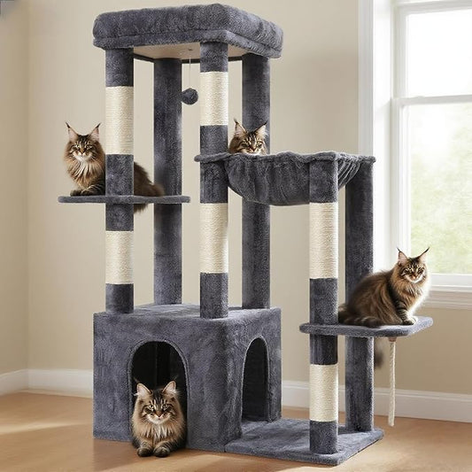 Heybly Heavy Duty Cat Tree, Tower for Indoor Cats large adult, Tall Cat Condo House with Extra-Large Baseboard, Multi-Level Plush Furniture with Scratching Posts, Hammock,Toy Balls, Smoky Gray HCT026G
