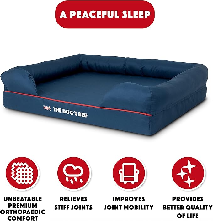The Dog’s Bed Orthopedic Dog Bed Large Blue Oxford with Red Trim UK Flag Dog Bed Memory Foam, Pain Relief: Arthritis, Post Surgery, Lameness, Waterproof Washable Cover