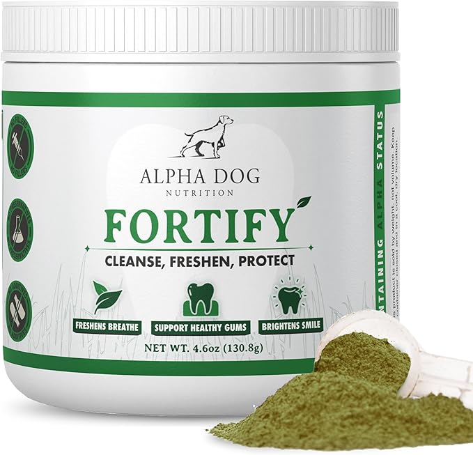 Dog Teeth Cleaning Powder - Fortify Dental Powder for Dogs - Plaque Remover and Freshens Bad Breath with Fresh Green Supplements - Contains Kelp, Probiotics, and Other Tooth Cleaning Ingredients