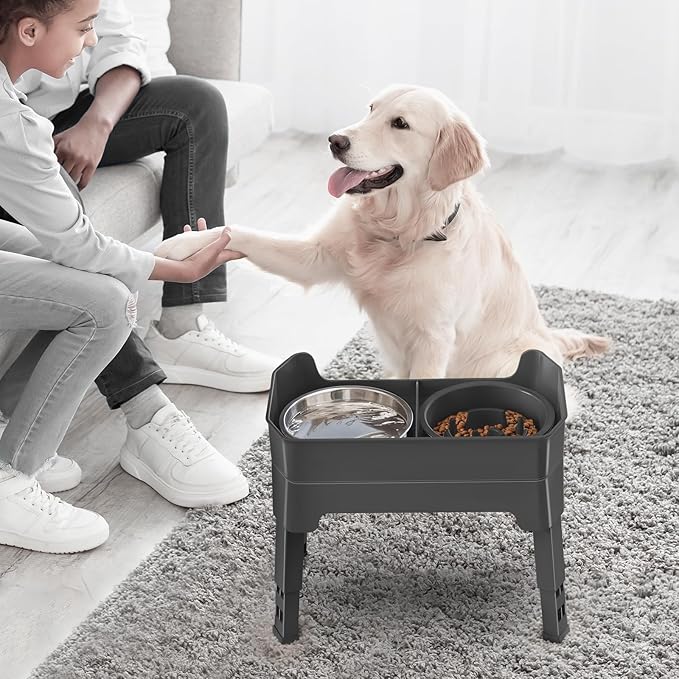 KPWACD 4-in-1 Elevated Slow Feeder Dog Bowls, 4 Height Adjustable Mess Proof Raised Dog Bowl Stand with Licking Plate, 2 Stainless Steel Doggy Food Bowl & Slow Feeder for Large Medium Small Pets