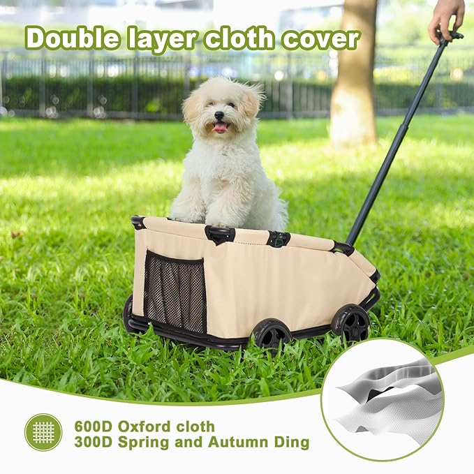 Dog Stroller 4 Wheels Folding Dog Cart Pet Stroller for Travelling Shopping Walking Playing for Small Dogs Cats (Khaki)