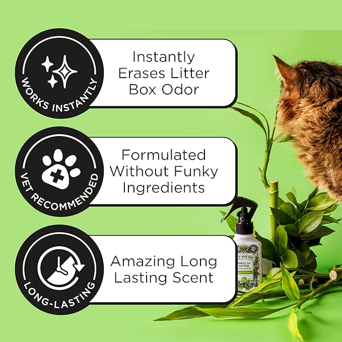 Pet-Pourri Smell Ya Litter Cat Litter Deodorizer Spray, Purrfectly Bamboo 3.4 Fl Oz, Up to 170 Uses, Pet Odor Remover with Essential Oils for Air, Carpet, Urine, Vet Recommended, Bergamot Bamboo Scent