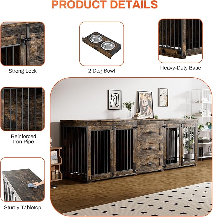 Rophefx 94.5" Dog Crate Furniture for 2 Dogs, Large Dog Kennel Furniture with 3 Storage Drawer, Wooden Dog Cage with 4 Bowls, Indoor Dog House TV Stand with Locks for Large Medium Dog, Rustic Brown