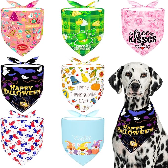7 Pcs Holiday Dog Bandanas for Large Dogs Sewing Hemming Holiday Dog Bandanas XXL Halloween Dogs Drool Bibs Grooming L