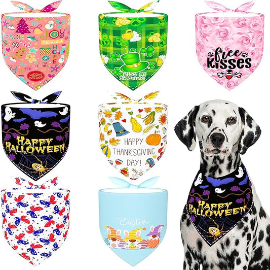 7 Pcs Holiday Dog Bandanas for Large Dogs Sewing Hemming Holiday Dog Bandanas XXL Halloween Dogs Drool Bibs Grooming L