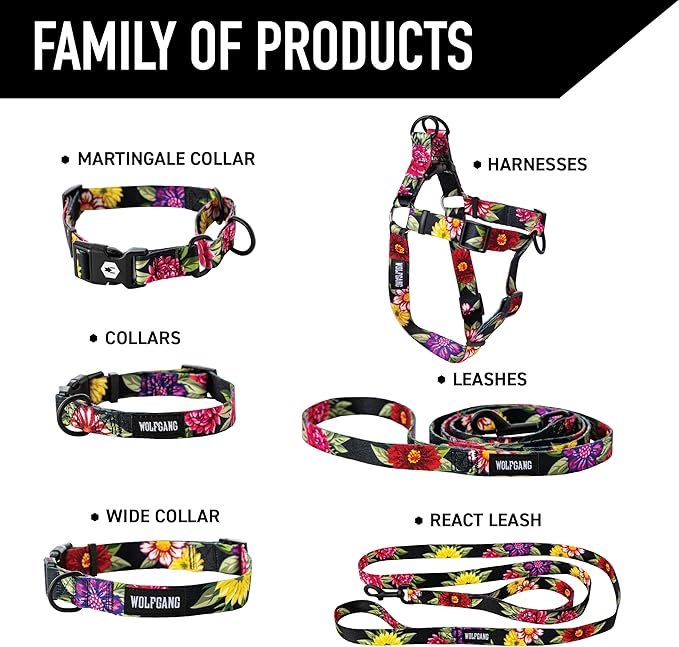 Wolfgang Heavy Duty Adjustable Dog Harness, Pull-Tested to Over 800 lbs for Walking & Training, DarkFloral Print, Medium