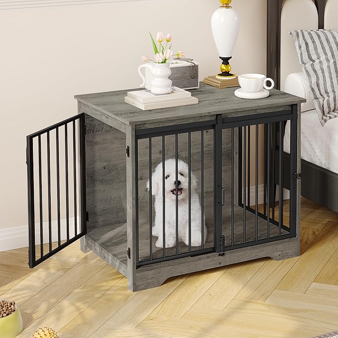 31.9" Dog Crate Furniture with Barn Door, Heavy Duty Dog Kennel Indoor with 2 Doors, Wooden Pet Cage End Table for Small Medium Dogs up to 44 lb, Anti-Chew Anti-Escape, Greige DFC83605B