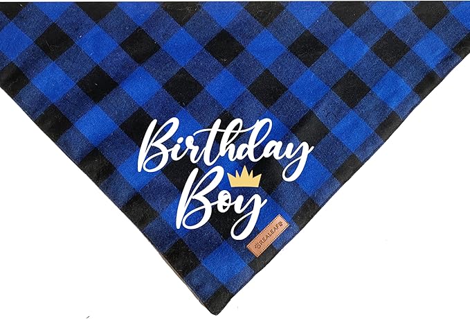 Realeaf Birthday Boy Dog Bandana, Dog Birthday Party Supplies,Premium Durable Fabric,Buffalo Bandana for Medium and Large Dogs Pets(Blue Paid, Large)