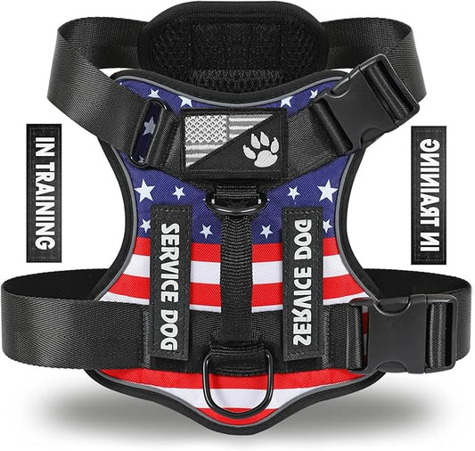 Demigreat Service Dog Harness, Reflective Dog Vest Harness with 5 PCS Patches, Adjustable Soft Oxford Pet Harness, Inner Layer Mesh, Easy to Control for Dogs (USFLAG, X-Small (Pack of 1))