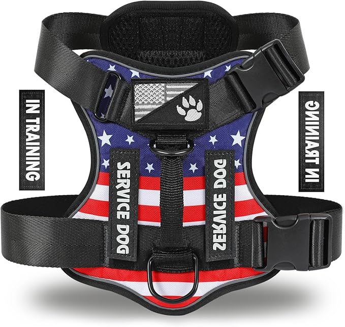 Demigreat Service Dog Harness, Reflective Dog Vest Harness with 5 PCS Patches, Adjustable Soft Oxford Pet Harness, Inner Layer Mesh, Easy to Control for Dogs (USFLAG, Small (Pack of 1))