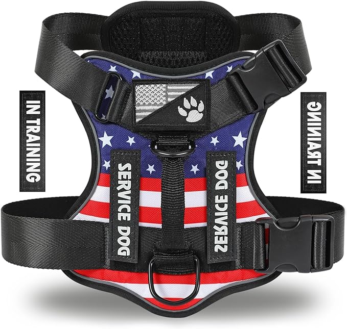 Demigreat Service Dog Harness, Reflective Dog Vest Harness with 5 PCS Patches, Adjustable Soft Oxford Pet Harness, Inner Layer Mesh, Easy to Control for Dogs (USFLAG, Large (Pack of 1))