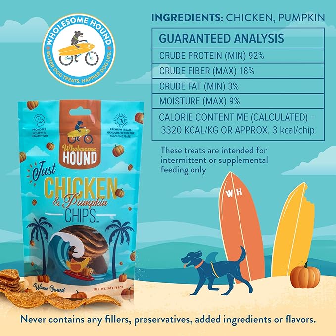 Just Chicken & Pumpkin Chips | Two Premium Ingredient & Healthy Dog Treats | All Natural Canine Rewards | Dog Training Treats for Small, Medium, and Large Breeds | Made in USA - 3oz