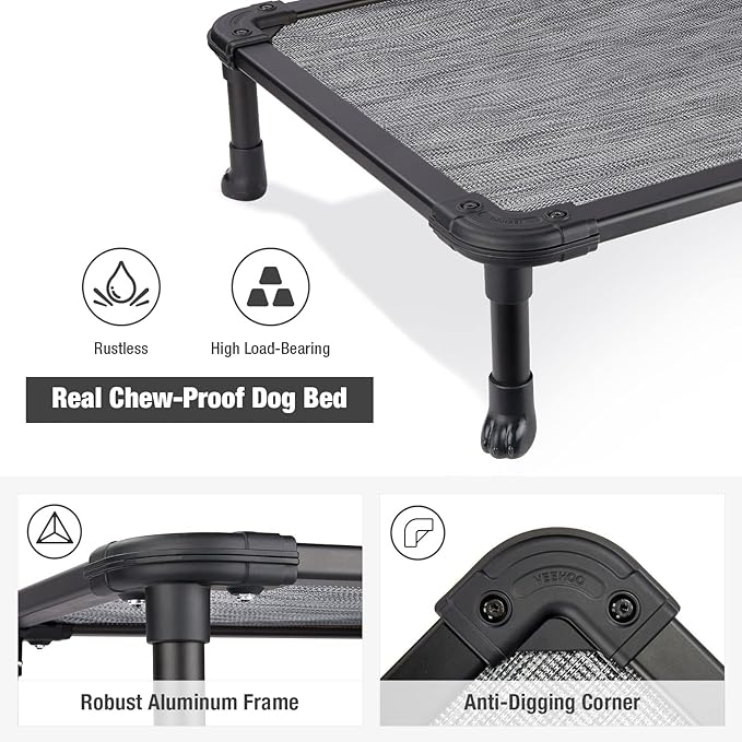 Veehoo Chew Proof Elevated Dog Bed - Cooling Raised Pet Cot - Rustless Aluminum Frame and Durable Textilene Mesh, Unique Designed No-Slip Feet for Indoor or Outdoor Use, Black Silver, X Large