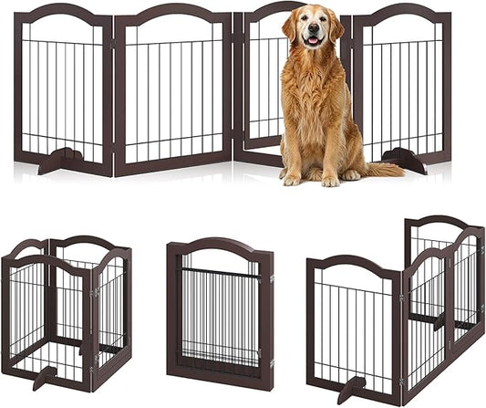 Vantas Folding No-Assembly Dog Door Pet Gate 96" Wide, 30" Tall Wooden Dog Gate with Door Walk Through, Freestanding Wire Pet Gate, Pet Puppy Safety Fence, with 2PCS Support – Espresso
