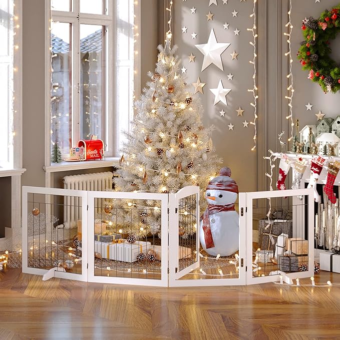 Vantas Folding Pet Gate 96" Wide, 30" Tall No-Assembly Wooden Dog Gate with Door Walk Through, Freestanding Wire Pet Gate, Pet Puppy Safety Fence, with 2PCS Support - White