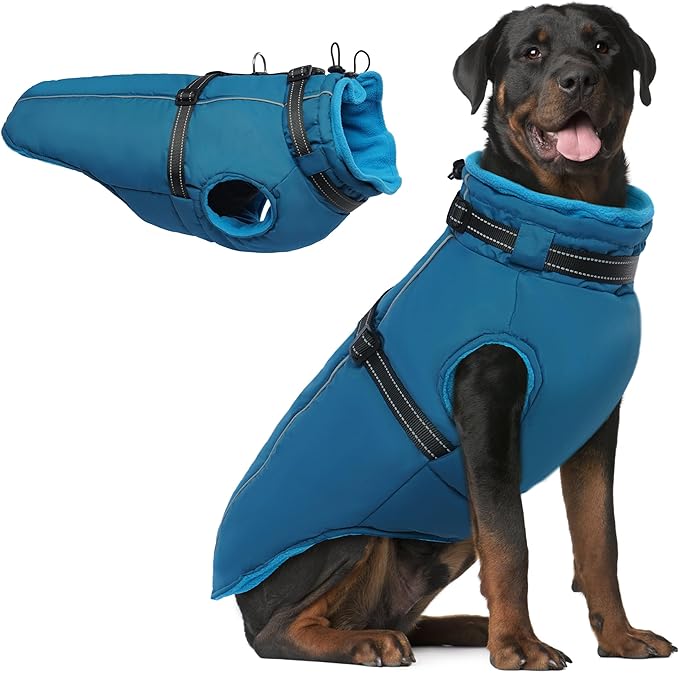 PUMYPOREITY Snow Jacket for Large Dogs Waterproof, Warm Dog Winter Coat with Harness Built in, Fleece Jacket with Back Zipper, Cold Weather Coats for Outdoor, Windproof Pet Snowsuit, Blue, 2XL