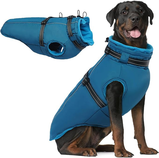 PUMYPOREITY Snow Jacket for Large Dogs Waterproof, Warm Dog Winter Coat with Harness Built in, Fleece Jacket with Back Zipper, Cold Weather Coats for Outdoor, Windproof Pet Snowsuit, Blue, 2XL