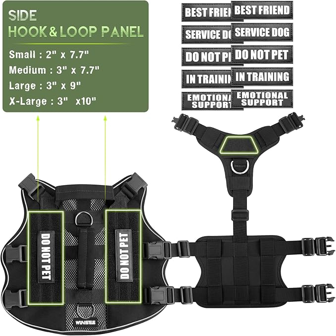 WINSEE Mesh Dog Harness with 10 Pet Patches for Large Service Dog in Training, Breathable Tactical Molle Vest with Double Handle, Reflective Military Pet Vest for Walking Hiking