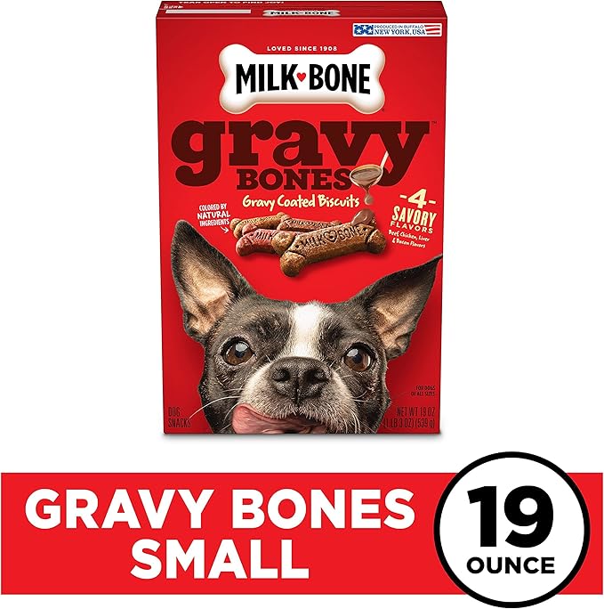 Milk-Bone Gravy Bones Dog Treats with 4 Savory Meat Flavors Coated in Gravy, 19 Ounce (Pack of 12)