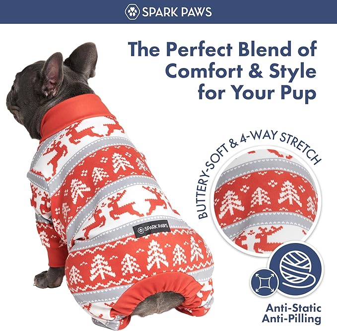 Spark Paws Dog Christmas Pajama, Dog Recovery Suit Male, Onesie, Ultra-Soft and 4-Way Stretch, for Small Medium and Large Breeds - Winter Wonderland - S