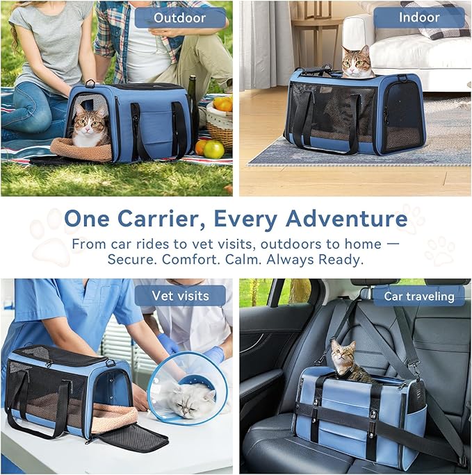 PETSFIT Cat Car Carrier for Small/Medium Cats Dogs, 18"x11"x11" Airline Approved Cat Carrier, with Patent Safety Buckles and Escape-Proof Zipper - Safeguarding Car Travel, Airplane, Vet, Outdoor