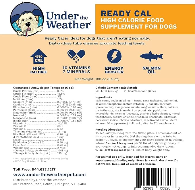 Under the Weather Pet | Ready Cal for Dogs 100cc | High Calorie Supplement | Dog Weight Gainer and High Calorie Booster | 10 Vitamins, 7 Minerals & Omega Fatty Acids (2 Pack)