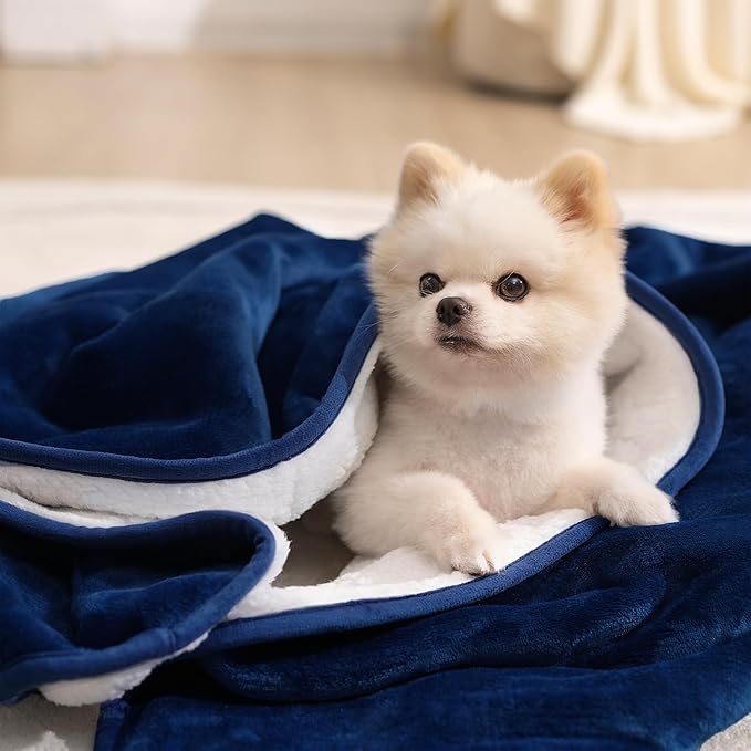gogobunny Waterproof Pet Blanket for Small Dogs and Cats, Reversible Sherpa Fleece Soft Plush Throw for Couch Protection, Washable Furniture Protector (Navy Blue, 30x40 inches)