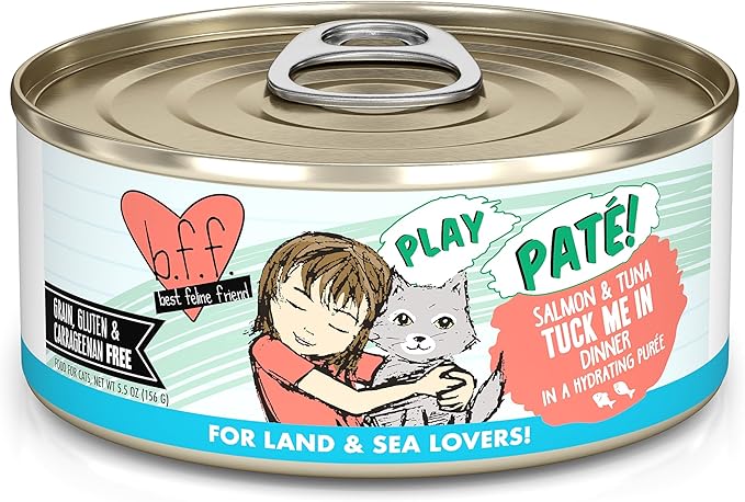 Weruva B.F.F. Play - Best Feline Friend Paté Lovers, Aw Yeah!, Salmon & Tuna Tuck Me in with Salmon & Tuna, 5.5oz Can (Pack of 8)