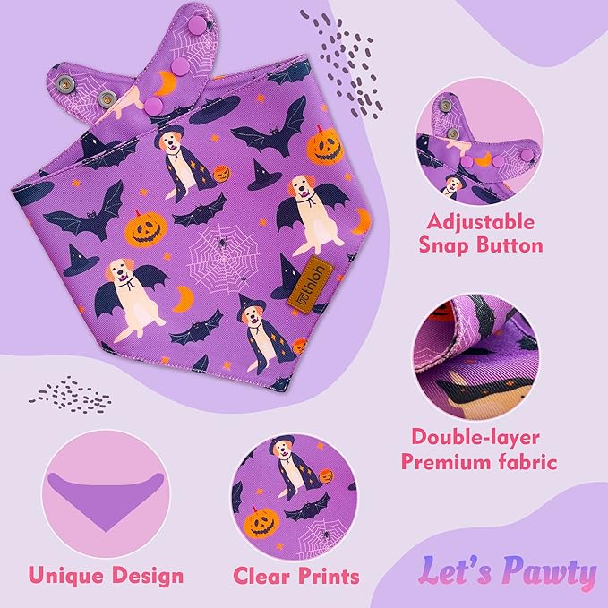 Halloween Dog Bandanas - 2 Pack Purple Dog Bandana with Snap Button | Reversible Pet Scarf for Boy & Girl | Premium Durable Fabric | Holiday Bandana for Large and Extra Large Dogs (X-Large)