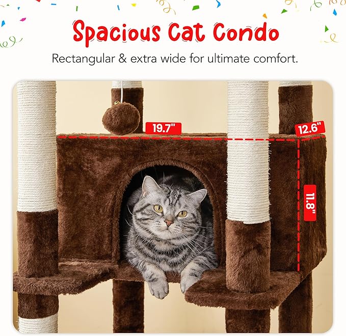 77-Inch Brown Cat Tree for Indoor Cats, Multi-Level Large Cat Tower with 4 Hammocks, 2 Padded Perches, Cat Condo, Sisal Scratching Posts and Hanging Toys for Adult Cat
