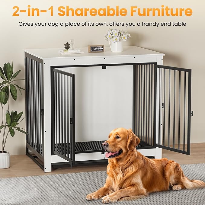 Dog Crate Furniture, Large Dog Crate Furniture, Wooden Cage Kennel Furniture Indoor, Modern Dog Crate with Multi-Purpose Removable Tray, Double-Doors Dog Furniture, End table dog crate, White